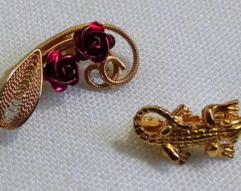 JP176. Vintage Gold Tone Brooches (2). Floral Theme and 1 Crocodile. Small Size. Free Global Shipping