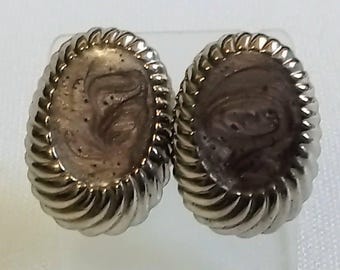 JP3503 Vintage Silver Tone Earrings. Center Accents. c1980s. Pierced Ears