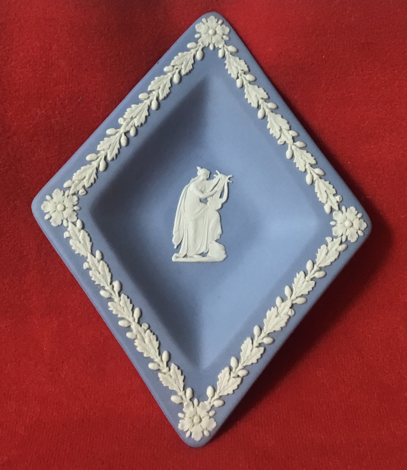 L195 Vintage Wedgwood Blue Jasperware Diamond Shaped Trinket Dish
