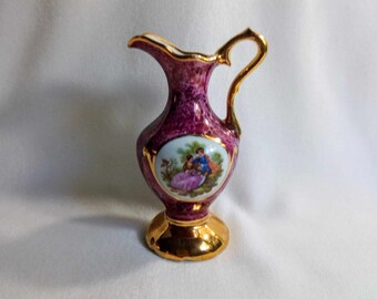専用ページ移行1995年U.S.A製NYアンティークLimoges壺プリント額絵 T&V Limoges Hand Painted Signed Lady With Roses Blue & Gold