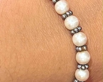 A39a Vintage Silver Tone With Faux Pearl “ Napier” Bracelet. Gift Idea.
