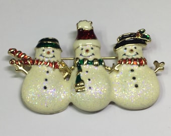 X4 Vintage enamel and glittery frosting trio of snowmen brooch. Unsigned but high quality. C1990s. Free tracked shipping