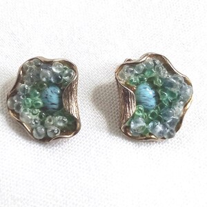 JP431 Lovely Vintage ART Earrings. Clip-on Style, Robins Egg in Clam Shell with Glass Beads. Tracked Global Shipping