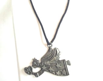 JP754  Vintage Pewter Angel Necklace. C1980's. Gift Idea