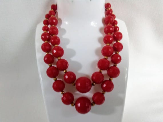 C112 Vintage Red Resin Beaded Necklace. 2 Strands. C1950's