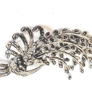 May include: A silver-toned brooch with a floral design. The brooch features a stylized arrangement of leaves and curved elements, embellished with small, dark-colored stones. The design is symmetrical and detailed.
