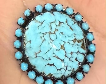 A54a Vintage 1950s Silver Tone With Glass Turquoise Pin Brooch. Gift Idea. Tracked Shipping.
