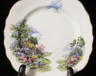 V47 Vintage “Royal Vale” Bone China  Cottage in the Forest Design Small Plate. Made in England. Tracked shipping.