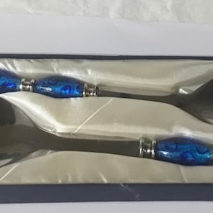 U29 Vintage House of Marble Salad Server Fork and Spoon,  Stainless steel with Blue Murano style glass. Very heavy. Tracked shipping.