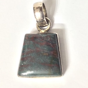 Può includere: Un ciondolo trapezoidale caratterizzato da una pietra lucida multicolore con motivi maculati verde scuro e marrone rossastro. La pietra è incastonata in una cornice di metallo color argento liscio con un gancio argentato abbinato in alto.