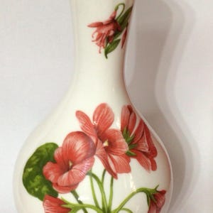 Può includere: Vaso in ceramica bianca con parte superiore svasata e base bombata. Il vaso è decorato con un motivo floreale con fiori rossi, foglie verdi e steli. I fiori presentano sfumature rosse e bianche.