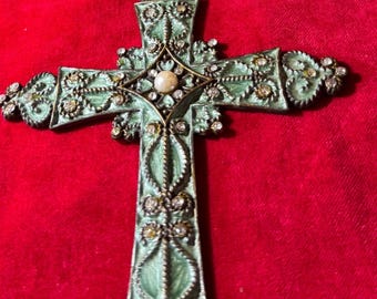 W96a Vintage Brass With Enamel Decorative Cross Paperweight Rhinestones and Faux Pearl Accents. Tracked Shipping.