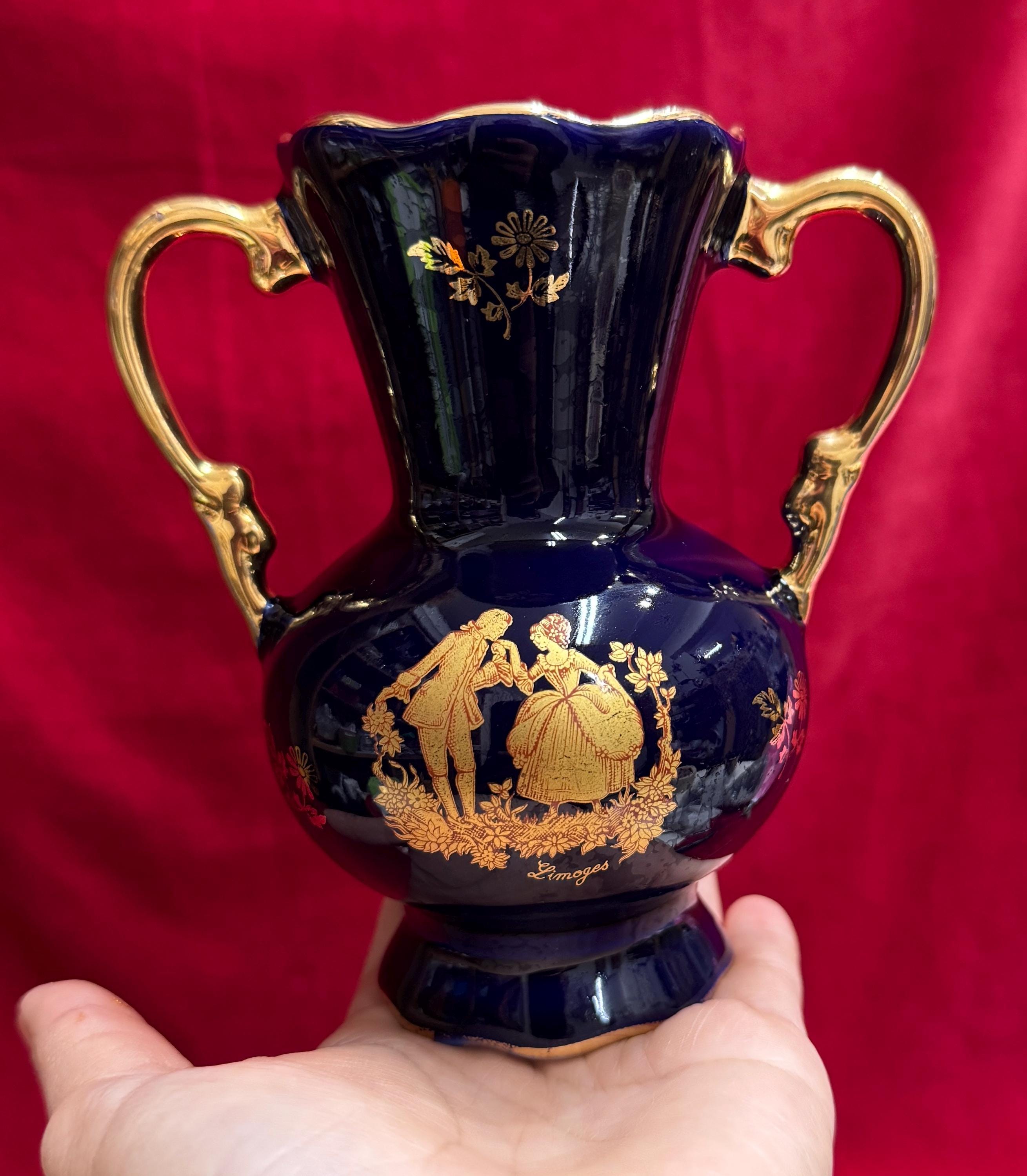 V99 Vintage 1970s D' Art Limoges Castle Porcelain Two Handled