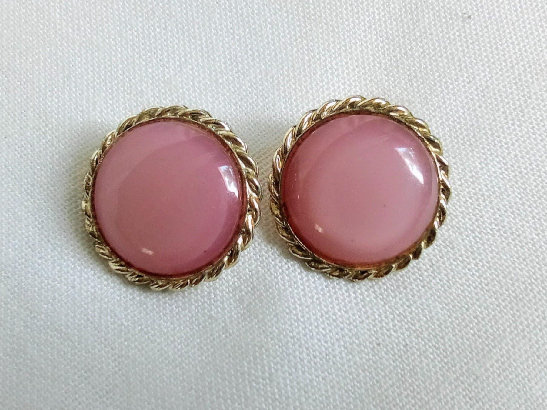 Z157 Vintage Gold Tone Earrings. Pink Accent Stones. Clip-on Style. C1970's. Gift Idea