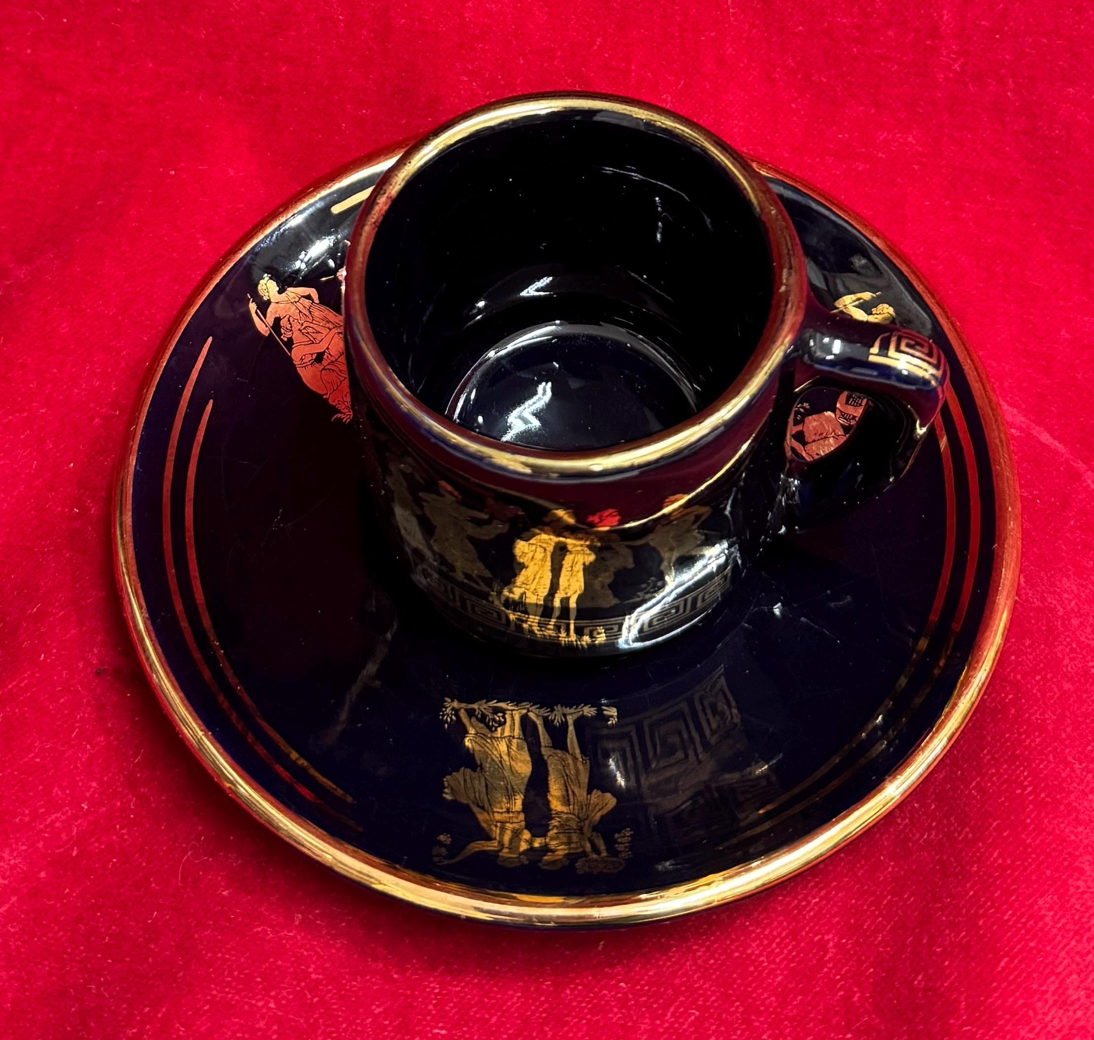 T163 Vintage Handmade in Greece in 24k Gold Coffee Mug and Saucer