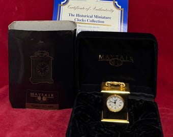 W265 Vintage Gold Tone Miniature Mayfair Battery Operated  Mantle Clock With Original Box & Certificate. Tracked Shipping.