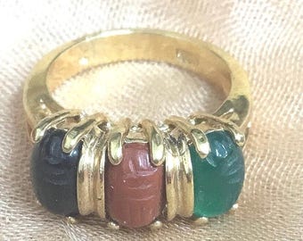 J9 Vintage, gold on 925 silver Onyx, Jasper, Aventurine Scarab pinky ring. New, old stock. US5 . Original Price 69.99  Tracked shipping.