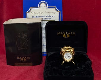 W267 Vintage Gold Tone Miniature Mayfair Battery Operated  Quartz Replica Alarm Clock With Original Box & Certificate. Tracked Shipping.
