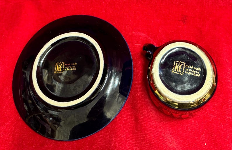 T163 Vintage Handmade in Greece in 24k Gold Coffee Mug and Saucer. Tracked Shipping. image 8