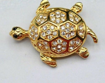 B45  Vintage Signed Designer M Rhinestone and Gold Tone Metal Turtle Brooch/Pin