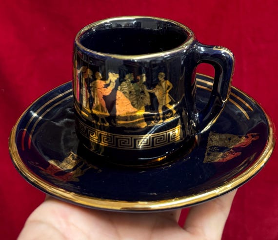 T163 Vintage Handmade in Greece in 24k Gold Coffee Mug and Saucer. Tracked Shipping.