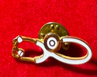 A198a Vintage Gold Tone With White Enamel Stehoscope Tie Pin. Tracked Shipping.
