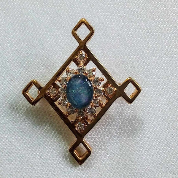 C89 Vintage Diamond Shaped Brooch by Lindenwold. Gold Tone Mount. Clear Stones and Triplet Opal Stone. Small Size.  Free Global Shipping