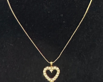 A47a Vintage “ Avon” Gold Tone Chain With Clear Rhinestones Heart Pendant. Gift Idea. Tracked Shipping.