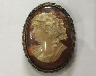 D62 Antique - Very Rare Edwardian Silver Clip Brooch with Cameo under ?celluloid.  Free Shipping