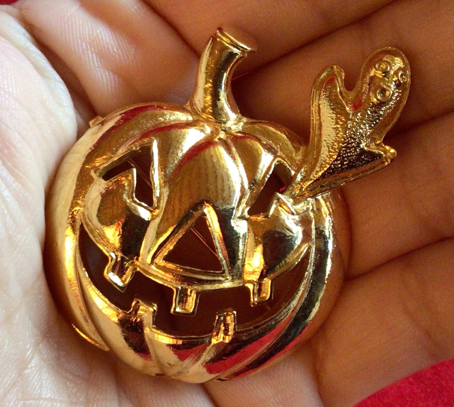 Spilla Vintage Zucca Halloween - Cristallo Austriaco Rosso E Tono Oro - Piccola