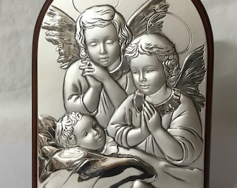 L35 Vintage 925 silver front,  Icon of baby with Guardian Angels. Free shipping.