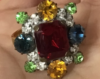 J19 Vintage Very pretty colourful prong set rhinestones, signed Limited Edition Lilien Czech adjustable ring. New old stock.