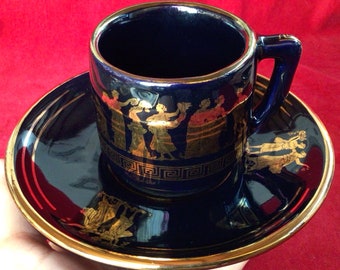 T163 Vintage Handmade in Greece in 24k Gold Coffee Mug and Saucer. Tracked Shipping.