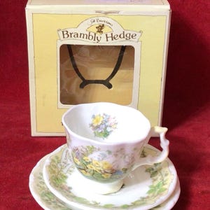 Op de afbeelding: Een wit theeservies met bloemmotief, bestaande uit een kopje, schotel en klein bord. De set komt uit de "Brambly Hedge"-collectie en wordt geleverd in een gele doos. Het kopje heeft een uniek handvat en gele en blauwe bloemen.