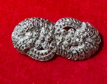 S59 Vintage Unsigned Duette Silver Tone with Marcasite Dress Clip / Brooch. Gift Idea. Tracked Shipping.