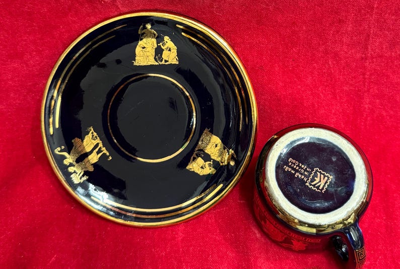 T163 Vintage Handmade in Greece in 24k Gold Coffee Mug and Saucer. Tracked Shipping. image 9