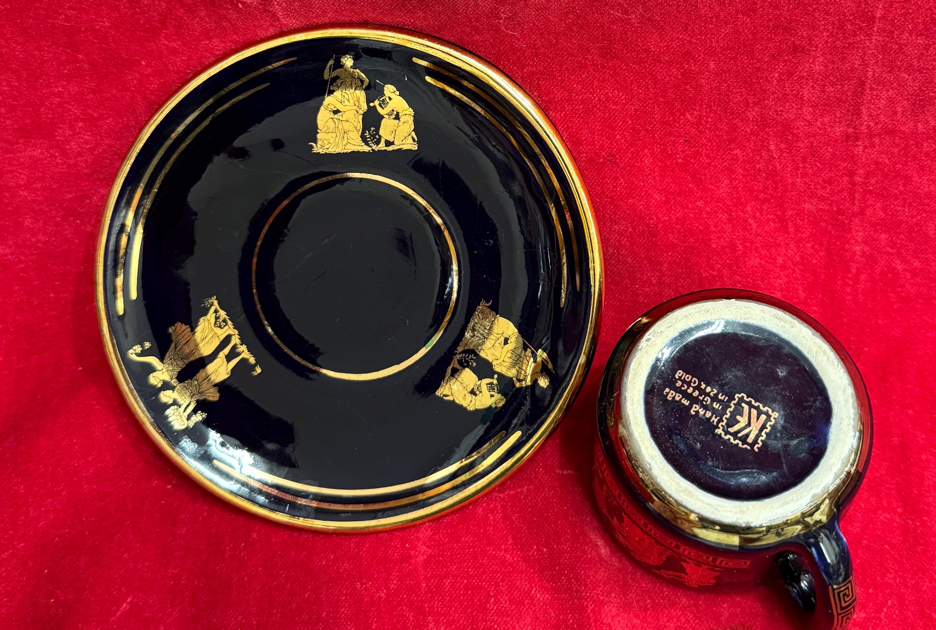 T163 Vintage Handmade in Greece in 24k Gold Coffee Mug and Saucer