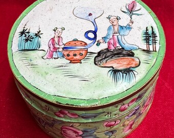 Boîte Ancienne à Bijoux Ou à Pilules - émail Doré Peint à La Main - Vintage