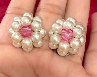 A55a Vintage Silver Tone With Faux Pearl  Beads Clip On Earrings. 1950s. Made in Japan. Tracked Shipping.