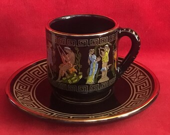 M68 Vintage Handmade In Greece 24k Gold Back Multicolour Coffee cup with Saucer. Tracked shipping.