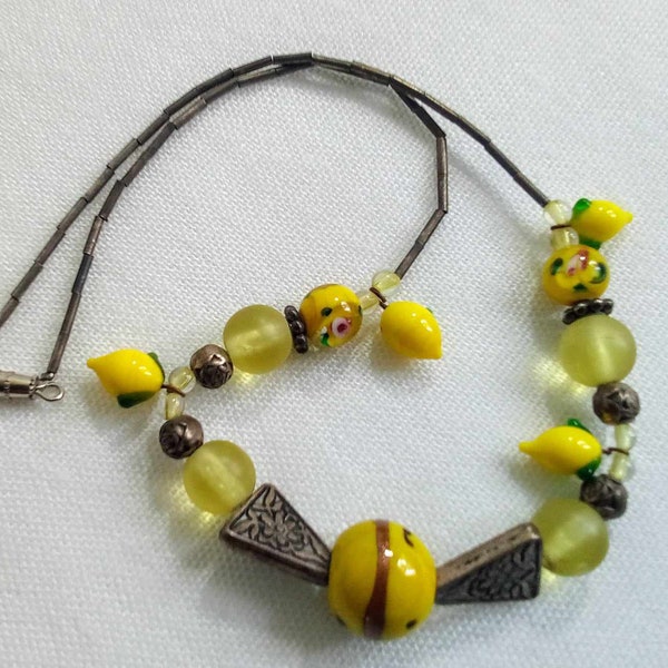 F175 Lovely Vintage Bead Necklace with Bronze Tone Accents and Glass Lemons in a Murano style.  Free Global Shipping