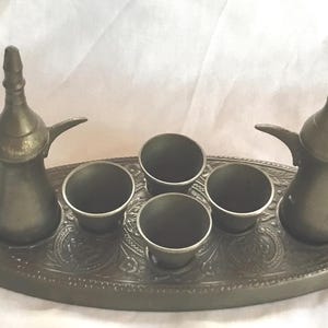 T44 Antiqued Brass Home Decor 4 Miniature Cup Tea Cups and Milk; coffee Pot With Tray Set . Made in India.