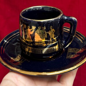 T163 Vintage Handmade in Greece in 24k Gold Coffee Mug and Saucer. Tracked Shipping. image 4