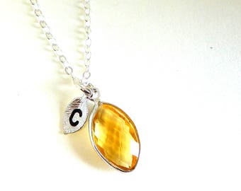 November Birthstone Necklace Citrine Necklace Leaf 14 K Gold fill Personalized Initial Birthstones charm custom initial gemstone jewelry