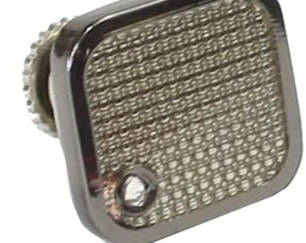 May include: A square-shaped, silver-colored metal knob with a textured surface and a small, clear, round hole in the center.