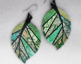 Paper Mosaic Leaf Earrings - Large Leaf Earrings - Upcycled Earrings - Any Color Choice - MADE-TO-ORDER
