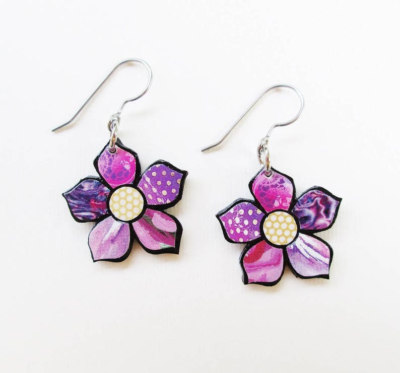 Paper Mosaic Flower Earrings Small Floral Earrings Upcycled Earrings Any Color Choice MADE-TO-ORDER image 4