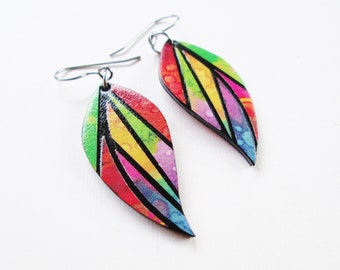 Paper Mosaic Leaf Earrings - Long Leaf Earrings - Upcycled Earrings - Any Color Choice - MADE-TO-ORDER