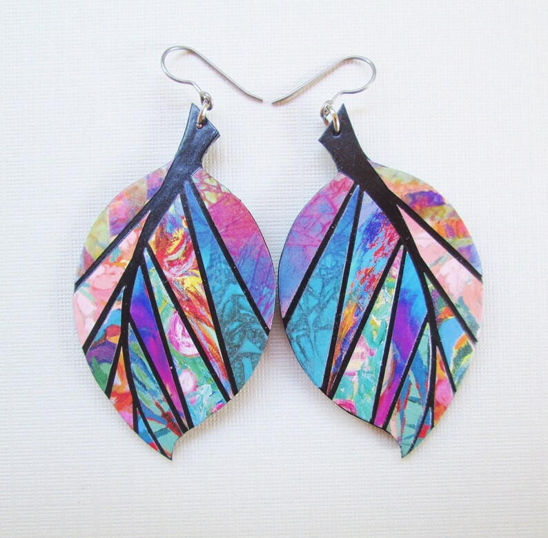 Paper Mosaic Leaf Earrings - Large Leaf Earrings - Upcycled Earrings ...