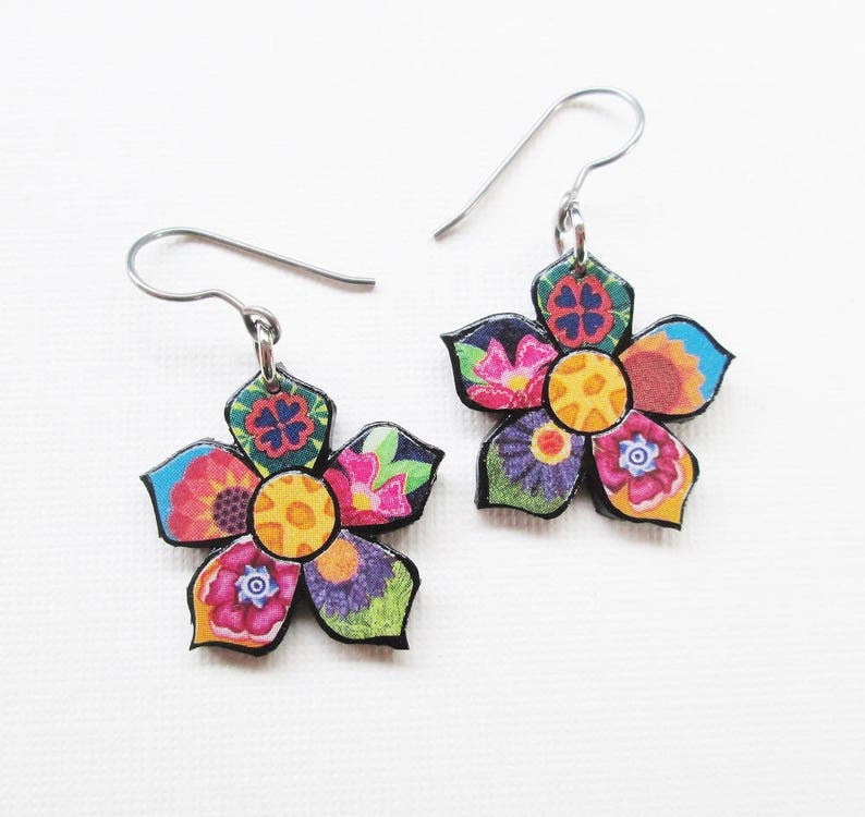 Paper Mosaic Flower Earrings Small Floral Earrings Upcycled Earrings Any Color Choice MADE-TO-ORDER image 1